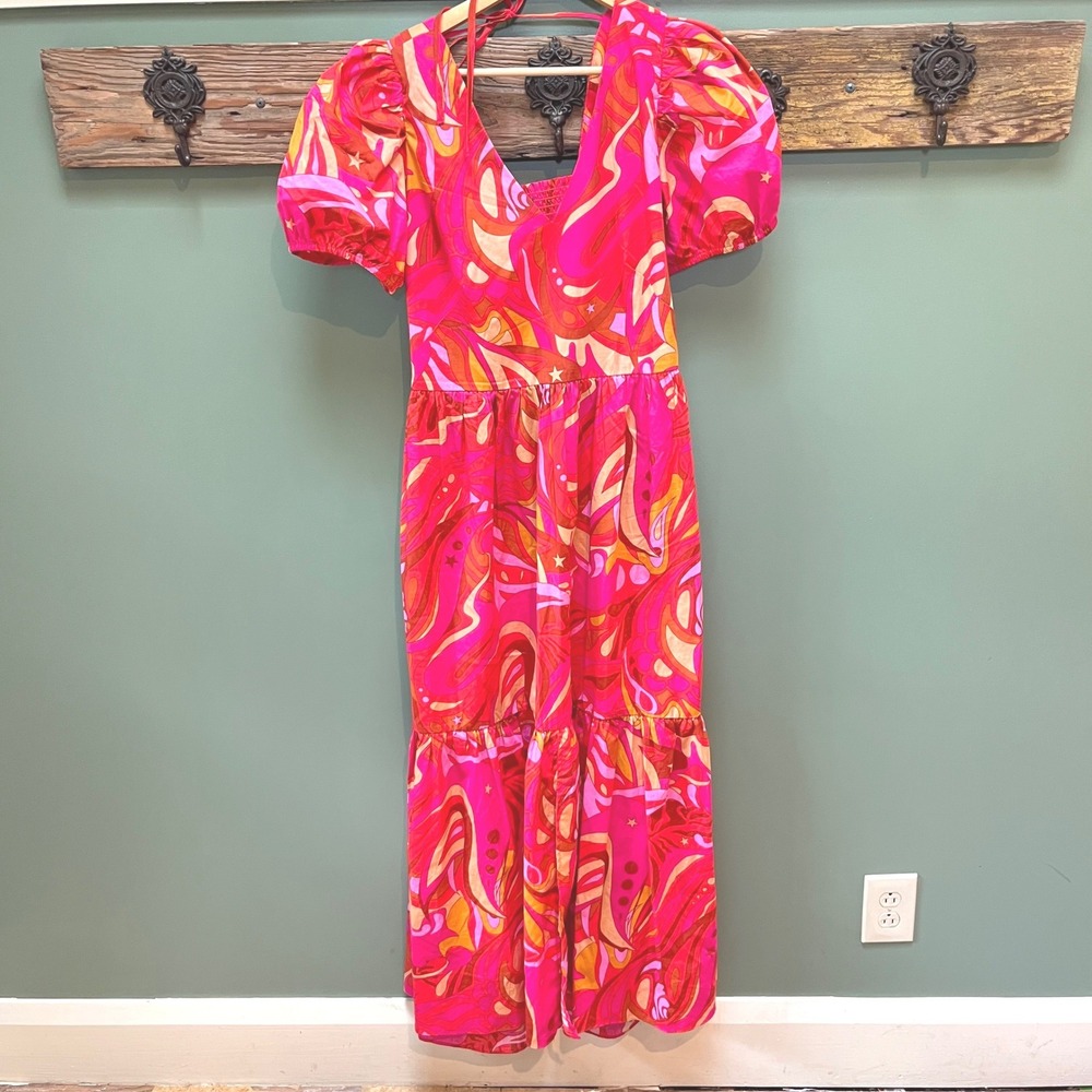 1.STATE Pink Orange‎ Psychedelic Swirl Puff Sleeve Cutout Maxi Dress Womens L